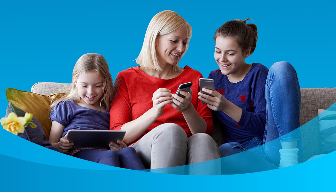 Mother and kids using devices