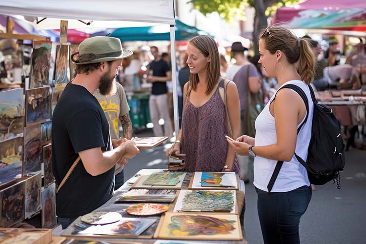 Selling-paintings Food truck owner talking to customers